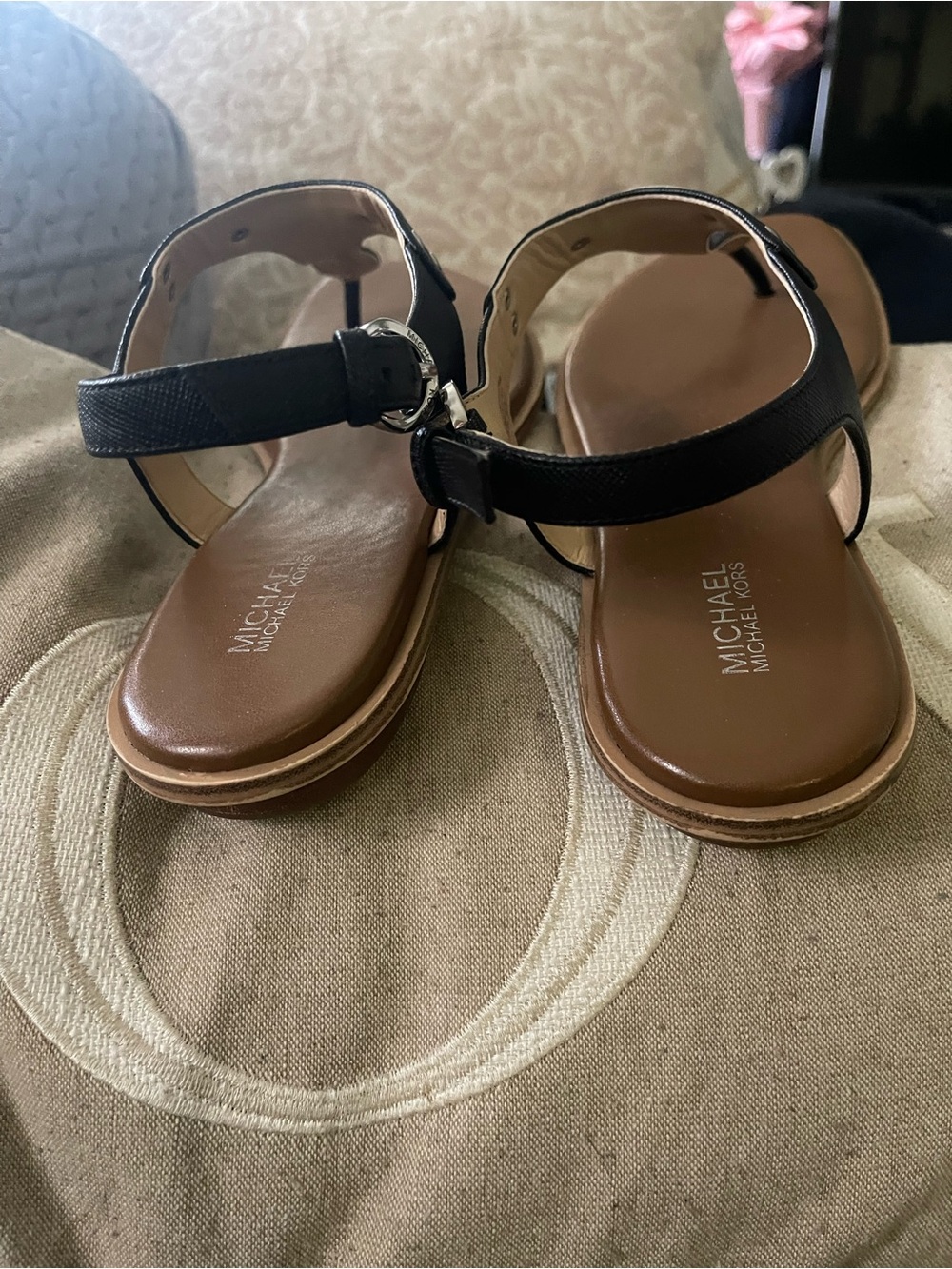 MICHAEL Michael Kors Black T‑Strap Sandals with Brown Footbed - Picture 4 of 5